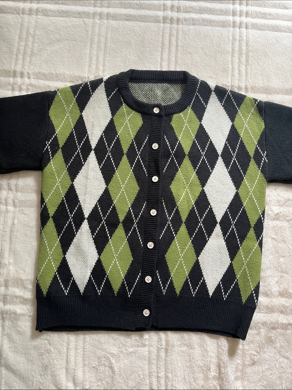 Classic Black & Olive Argyle Button-Up Sweater - Women